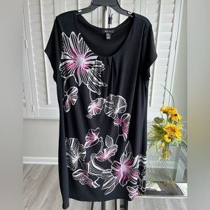 STYLE & CO Black Floral Dress with Short Sleeves and Scoop Neck Size XL